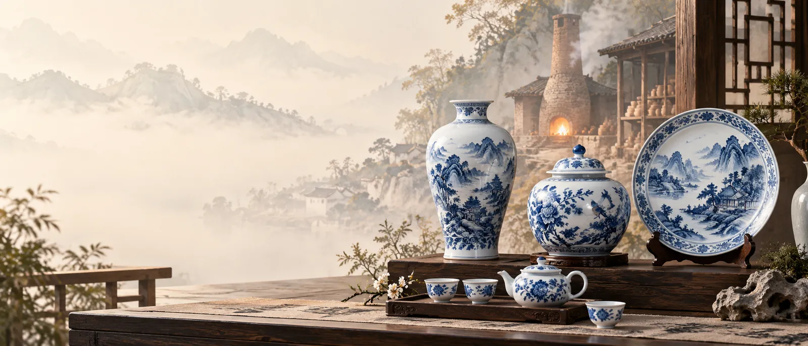 景德镇窑火与瓷器主题插画